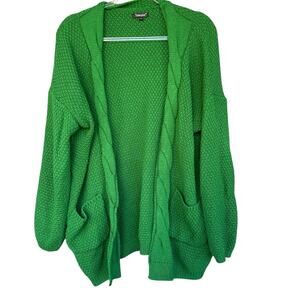 Traleubie Cardigan Sweater Women Large Kelly Green Open Front Cable Knit Pockets